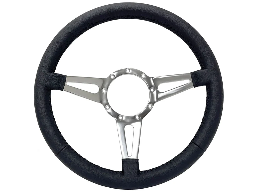 14" Black Leather Steering Wheel, 9-Bolt Billet Aluminum Spokes - New